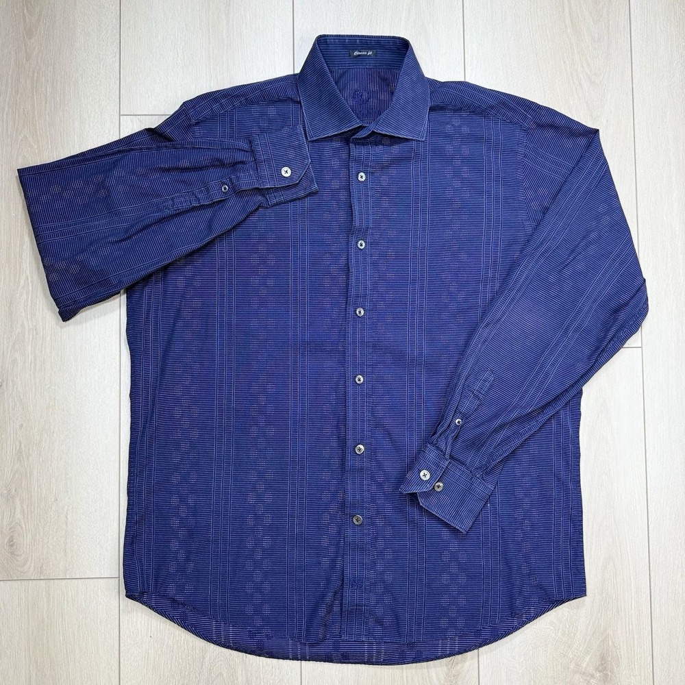 Bugatchi Uomo Blue Stripe Jacquard Button Shirt Men's XL Classic Fit Cotton